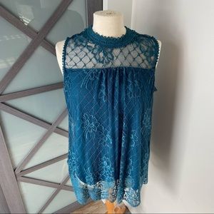Lace overlay teal blouse